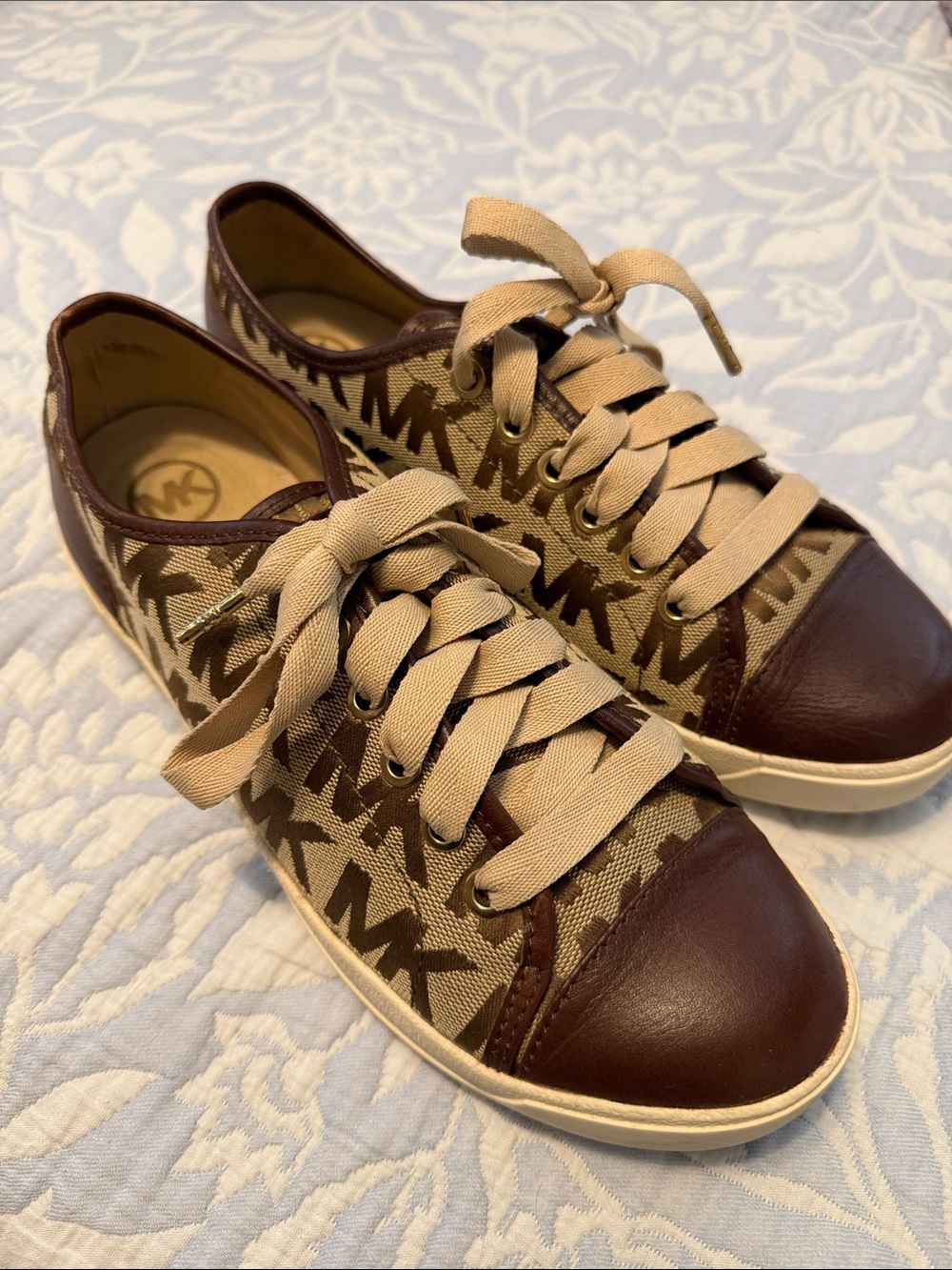 Michael Kors Brown and Beige MK Logo Low-Top Sneakers